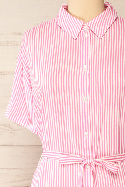 Latresne Pink Stripes Buttoned Midi Shirt Dress | La petite garçonne front close-up