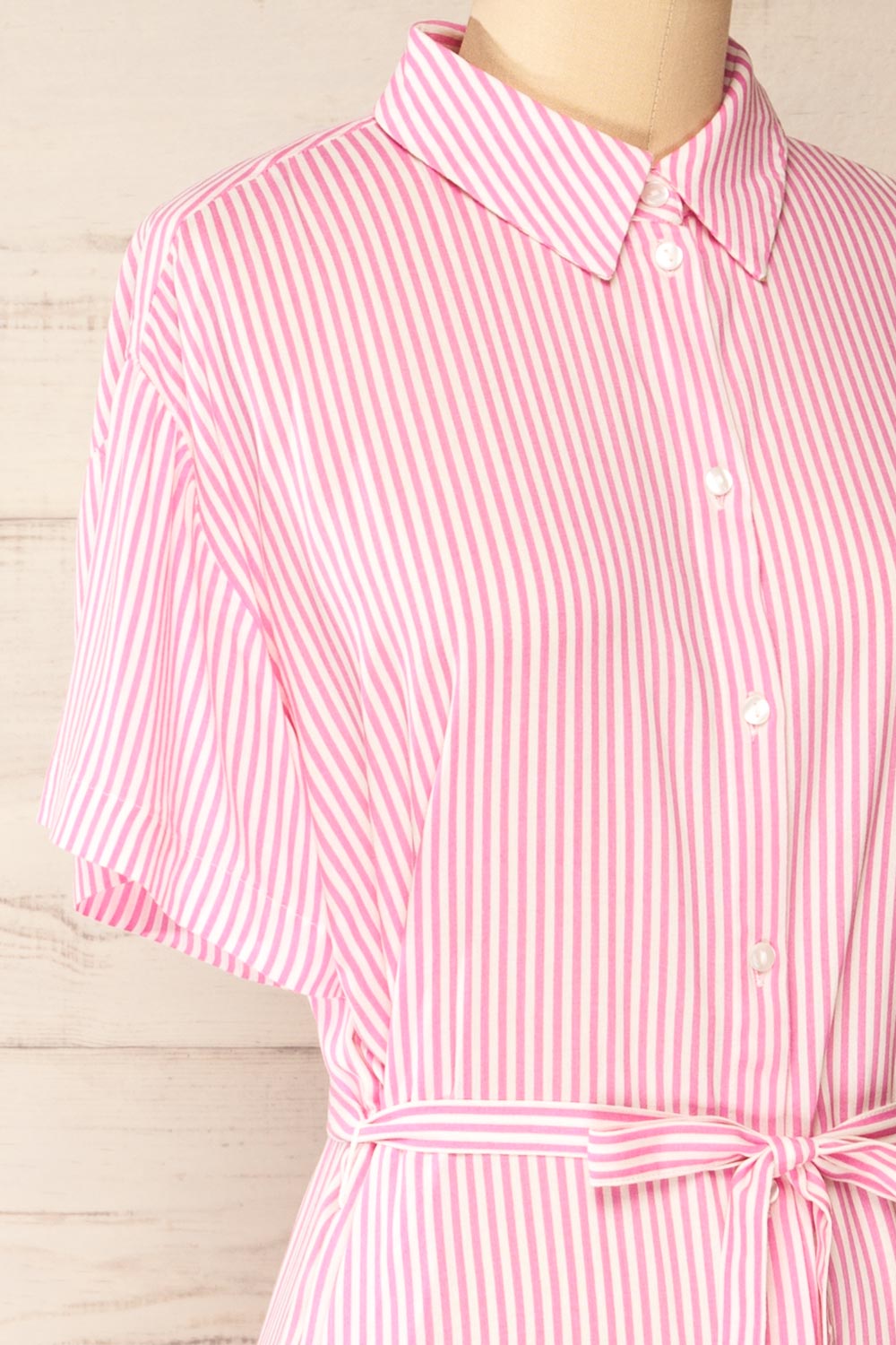 Latresne Pink Stripes Buttoned Midi Shirt Dress | La petite garçonne side close-up