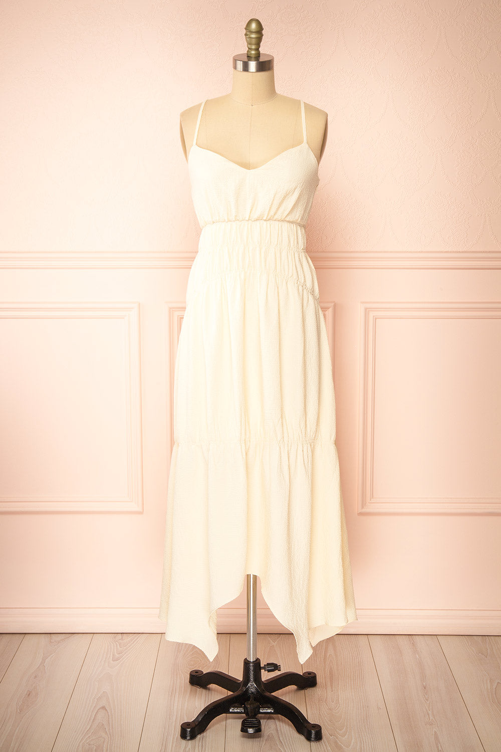 Laurelou Ruched Cream Midi Dress w/ Thin Straps | Boutique 1861 front view
