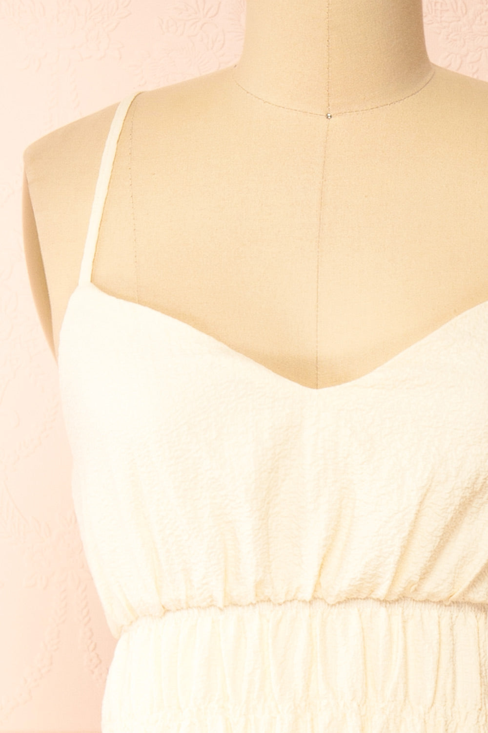 Laurelou Ruched Cream Midi Dress w/ Thin Straps | Boutique 1861  front