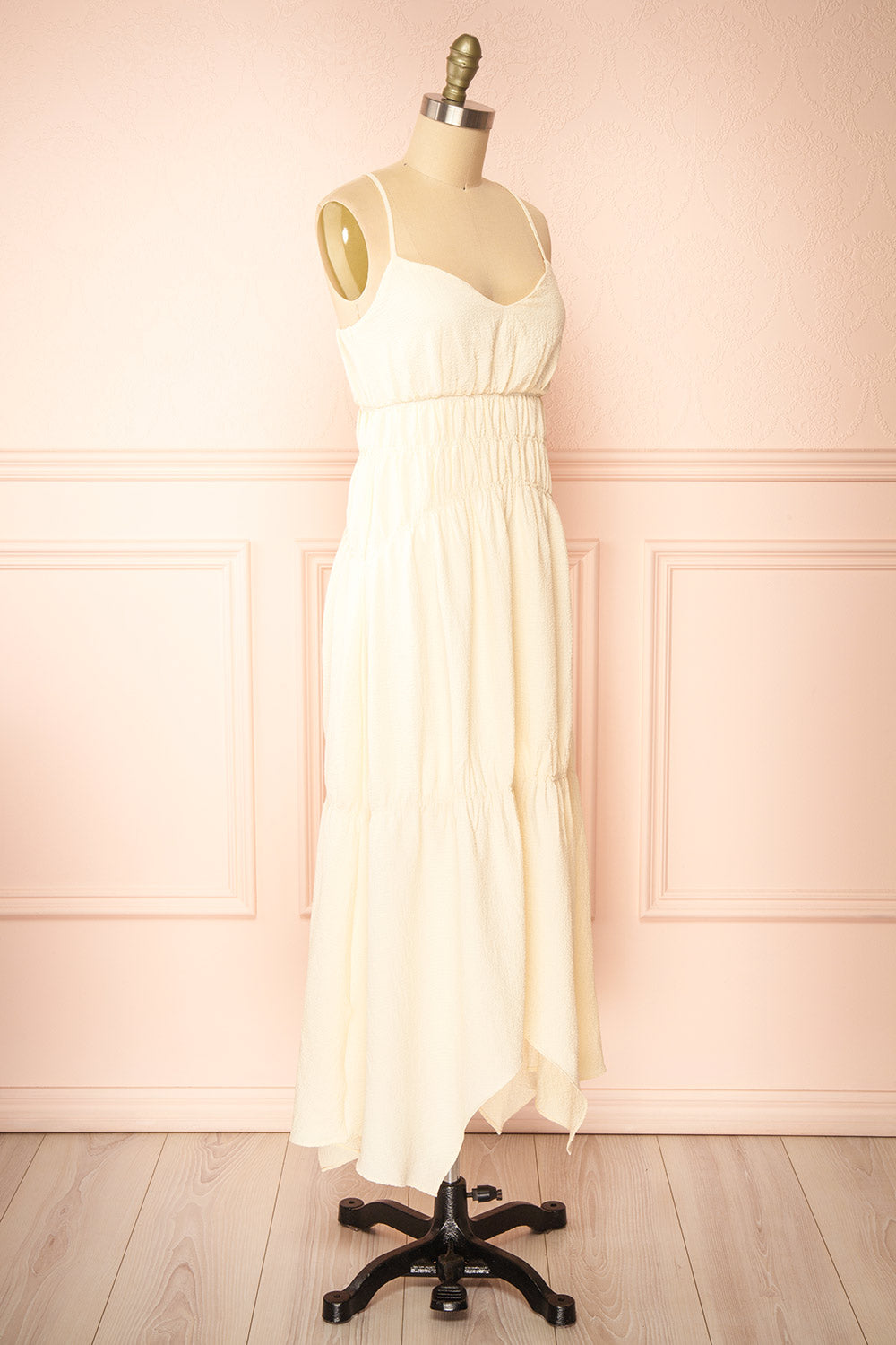 Laurelou Ruched Cream Midi Dress w/ Thin Straps | Boutique 1861  side view