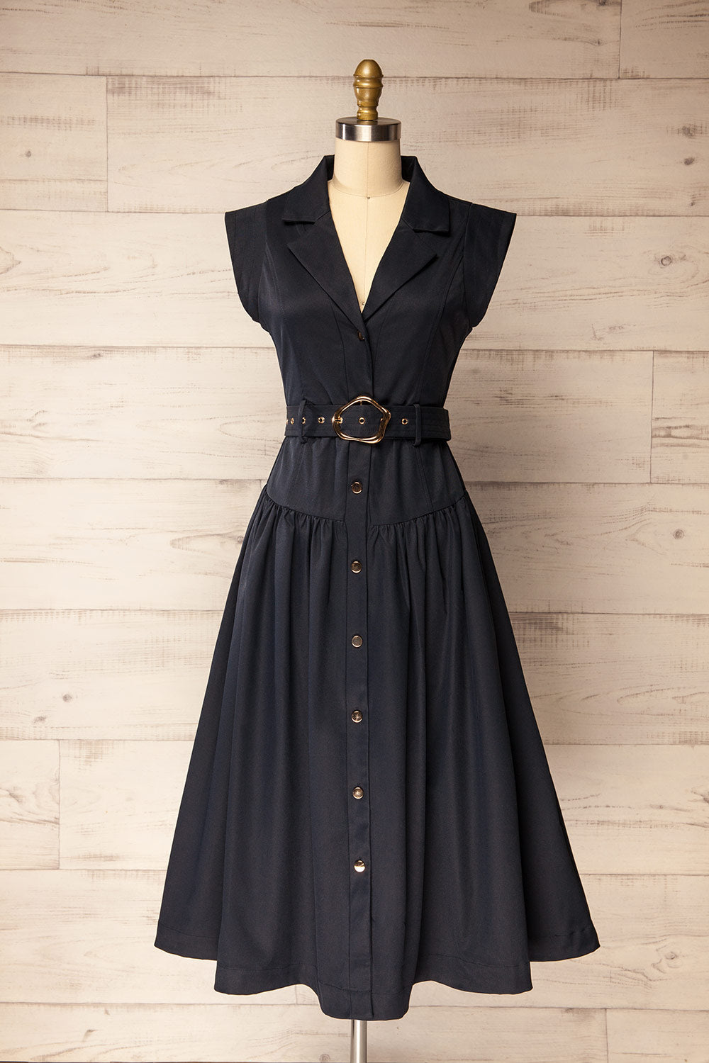 Lauretta Navy A-Line Midi Dress with Gold Button Detail and Belt | La petite garçonne