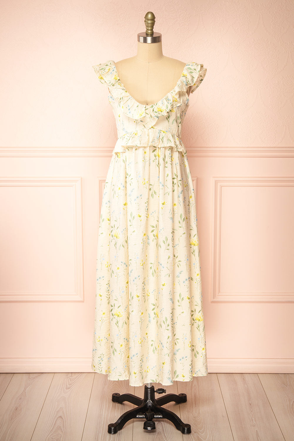 Lazdah Beige Silky Midi Dress w/ Floral Pattern | Boutique 1861 front view