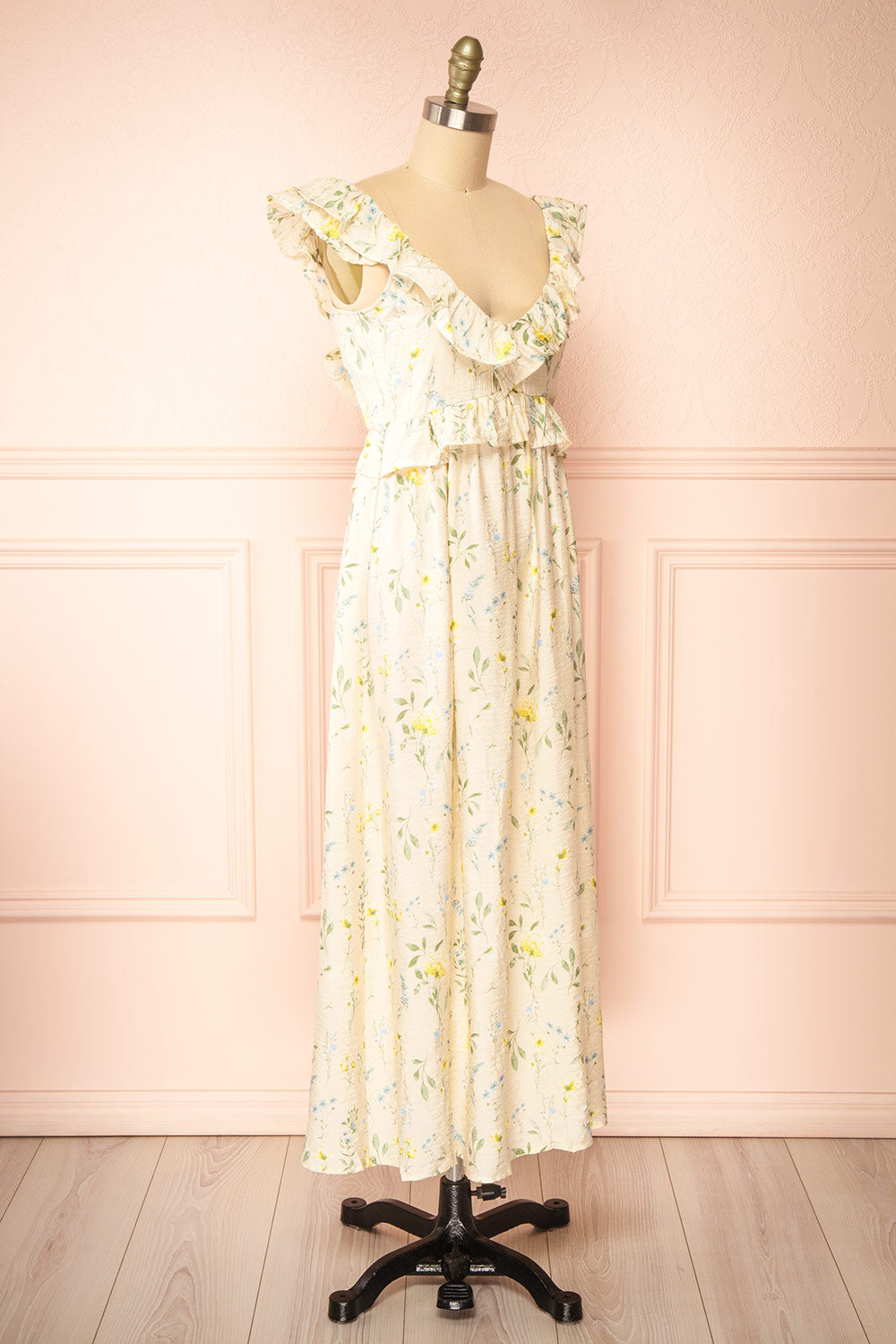Lazdah Beige Silky Midi Dress w/ Floral Pattern | Boutique 1861 side view