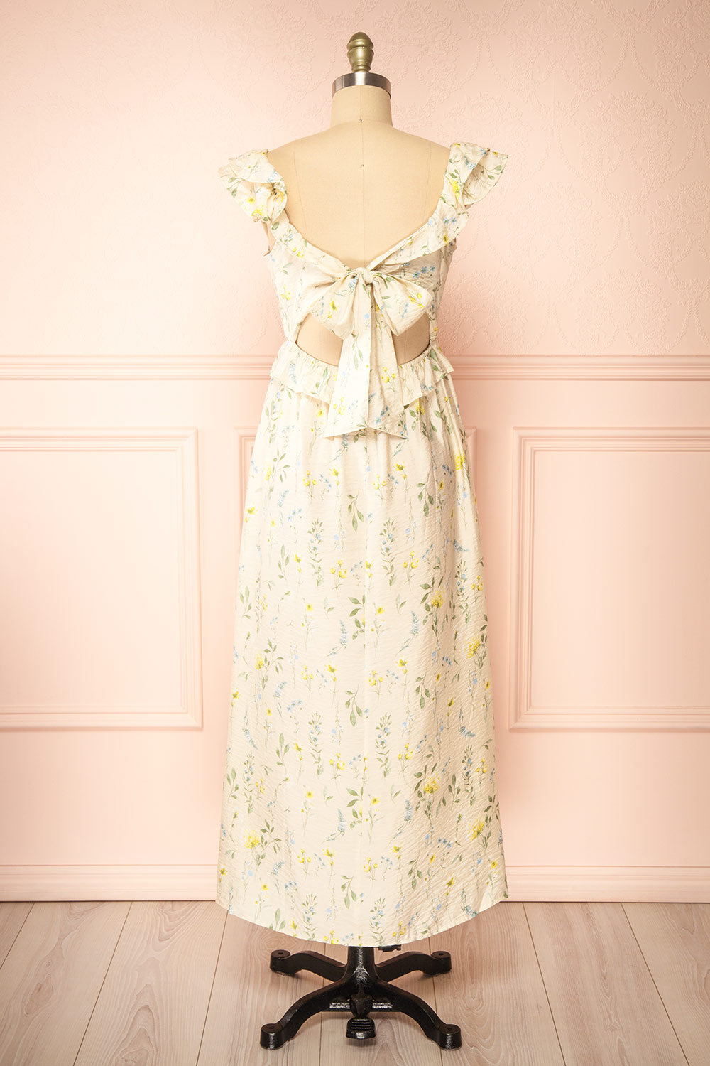 Lazdah Beige Silky Midi Dress w/ Floral Pattern | Boutique 1861 back view