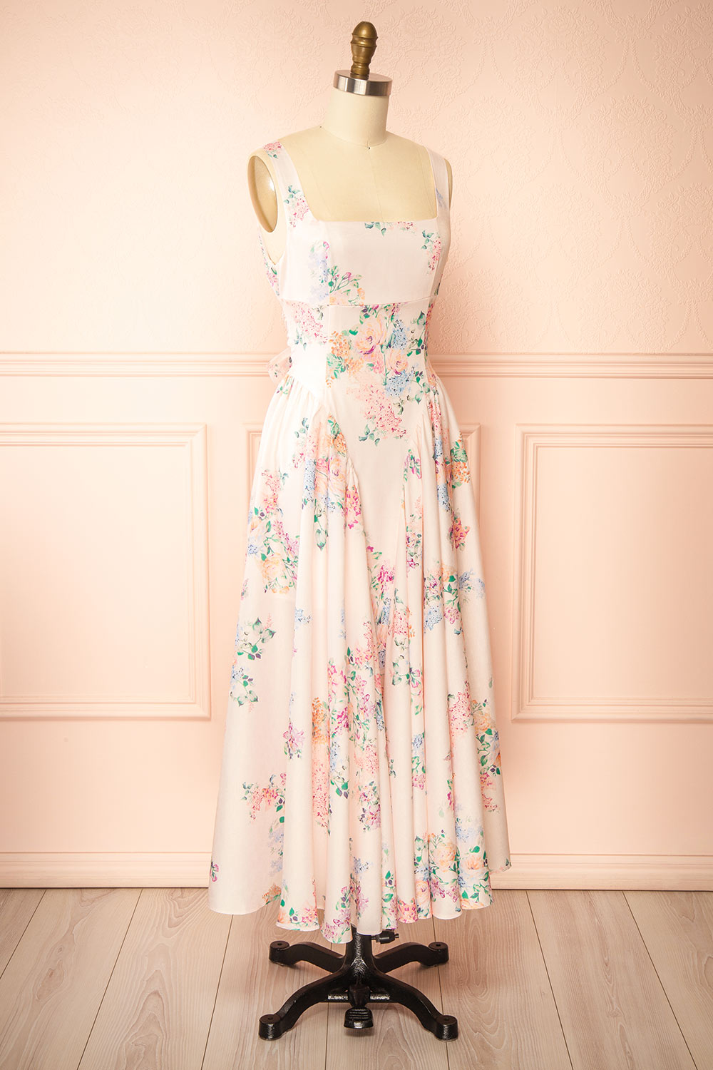 Leah A-Line Midi Pink Floral Dress with Ribbons at Back | Boutique 1861 side view