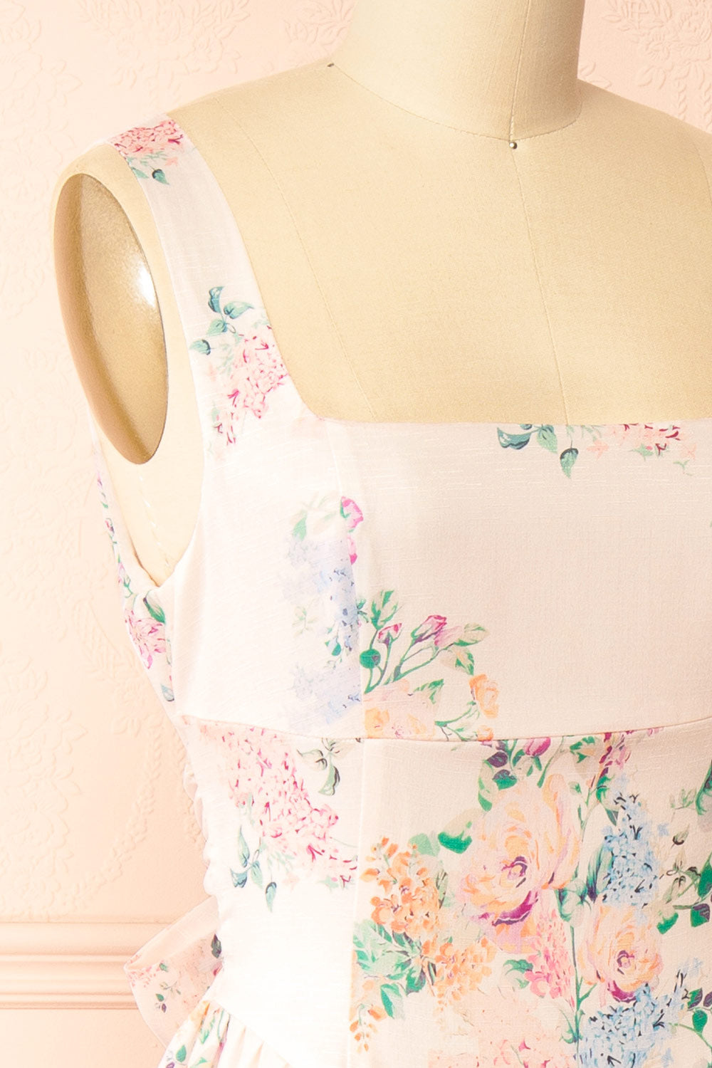 Leah A-Line Midi Pink Floral Dress with Ribbons at Back | Boutique 1861 side