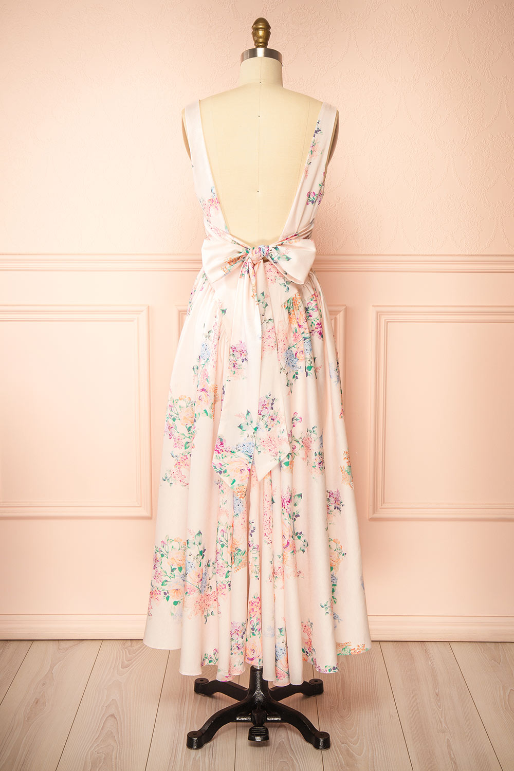 Leah A-Line Midi Pink Floral Dress with Ribbons at Back | Boutique 1861 back view