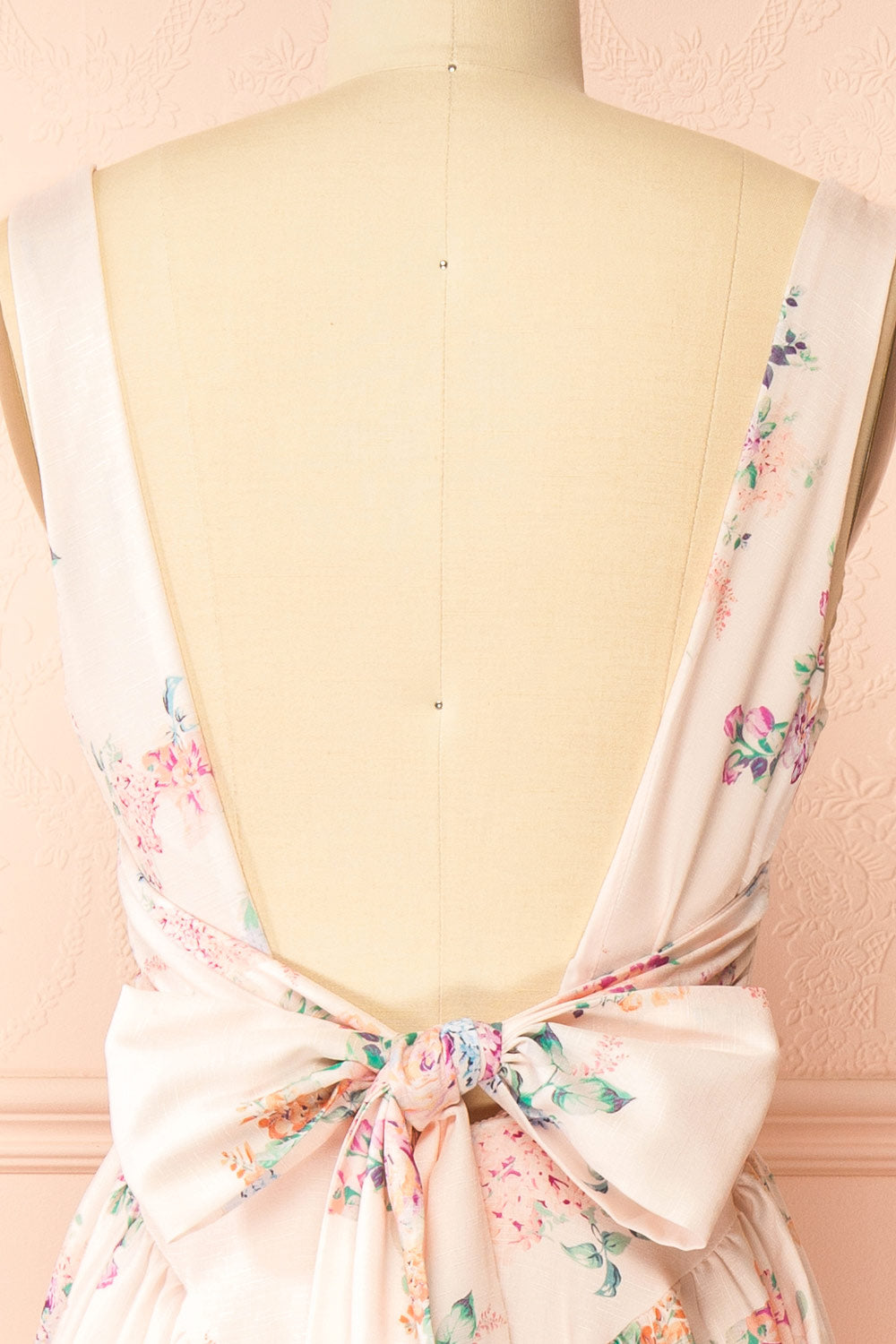 Leah A-Line Midi Pink Floral Dress with Ribbons at Back | Boutique 1861 back