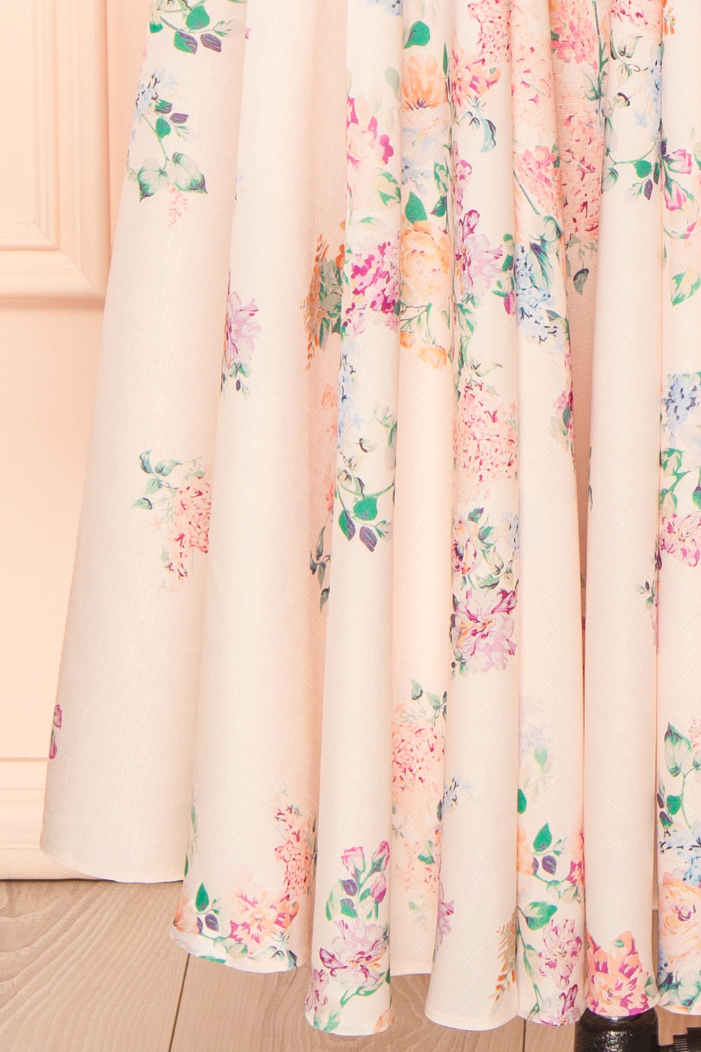 Leah A-Line Midi Pink Floral Dress with Ribbons at Back | Boutique 1861 bottom