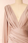 Lenai Taupe Draped Mermaid Gown w/ Long Sleeves | Boudoir 1861 front close-up
