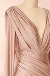 Lenai Taupe Draped Mermaid Gown w/ Long Sleeves | Boudoir 1861 side close-up