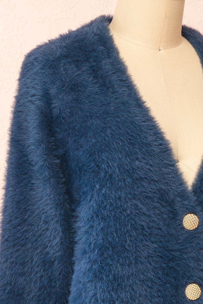 Leni Blue Fuzzy Cardigan | Boutique 1861  side close-up