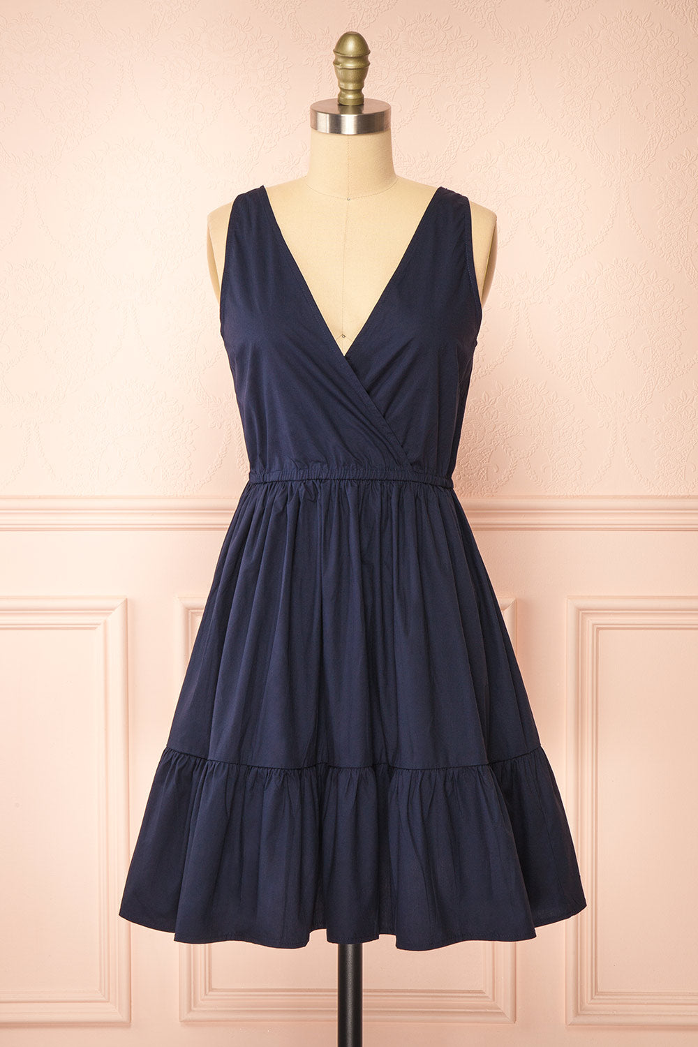 Lenora Navy Short A-line Dress w/ Elastic Waist | Boutique 1861 front view