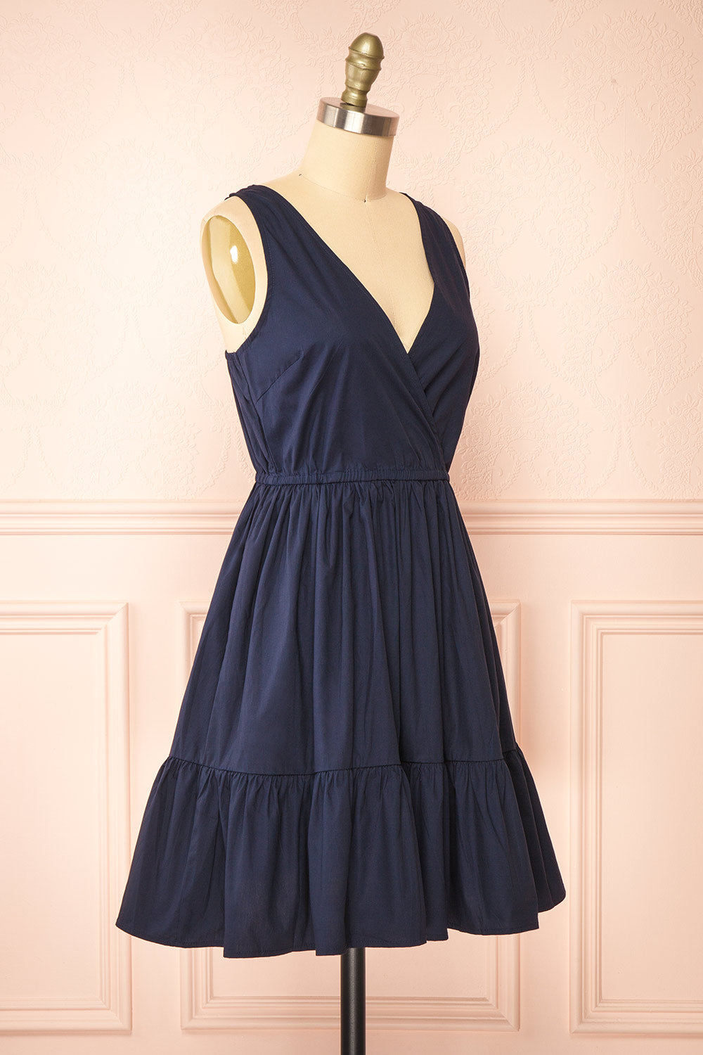 Lenora Navy Short A-line Dress w/ Elastic Waist | Boutique 1861 side view 