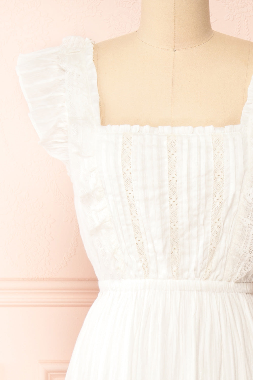Leonora Ivory Midi Dress w/ Ruffles & Lace | Boutique 1861 front close-up
