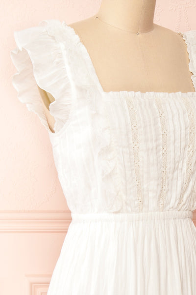 Leonora Ivory Midi Dress w/ Ruffles & Lace | Boutique 1861 side close-up