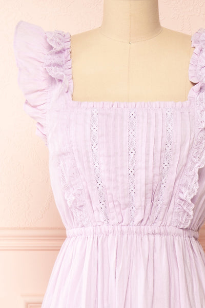 Leonora Lilac Midi Dress w/ Ruffles & Lace | Boutique 1861 front close-up