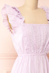 Leonora Lilac Midi Dress w/ Ruffles & Lace | Boutique 1861 side close-up