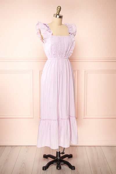 Leonora Lilac Midi Dress w/ Ruffles & Lace | Boutique 1861 side view