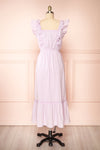 Leonora Lilac Midi Dress w/ Ruffles & Lace | Boutique 1861 back view