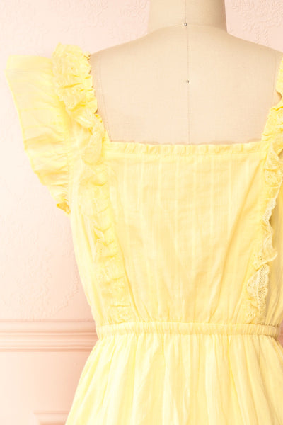 Leonora Yellow Midi Dress w/ Ruffles & Lace | Boutique 1861 back close-up