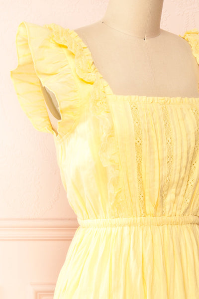 Leonora Yellow Midi Dress w/ Ruffles & Lace | Boutique 1861 side close-up