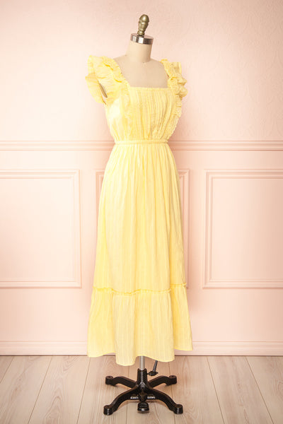 Leonora Yellow Midi Dress w/ Ruffles & Lace | Boutique 1861 side view