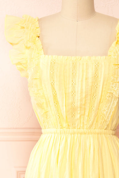 Leonora Yellow Midi Dress w/ Ruffles & Lace | Boutique 1861 front close-up