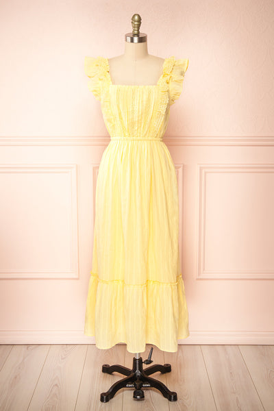 Leonora Yellow Midi Dress w/ Ruffles & Lace | Boutique 1861 front view