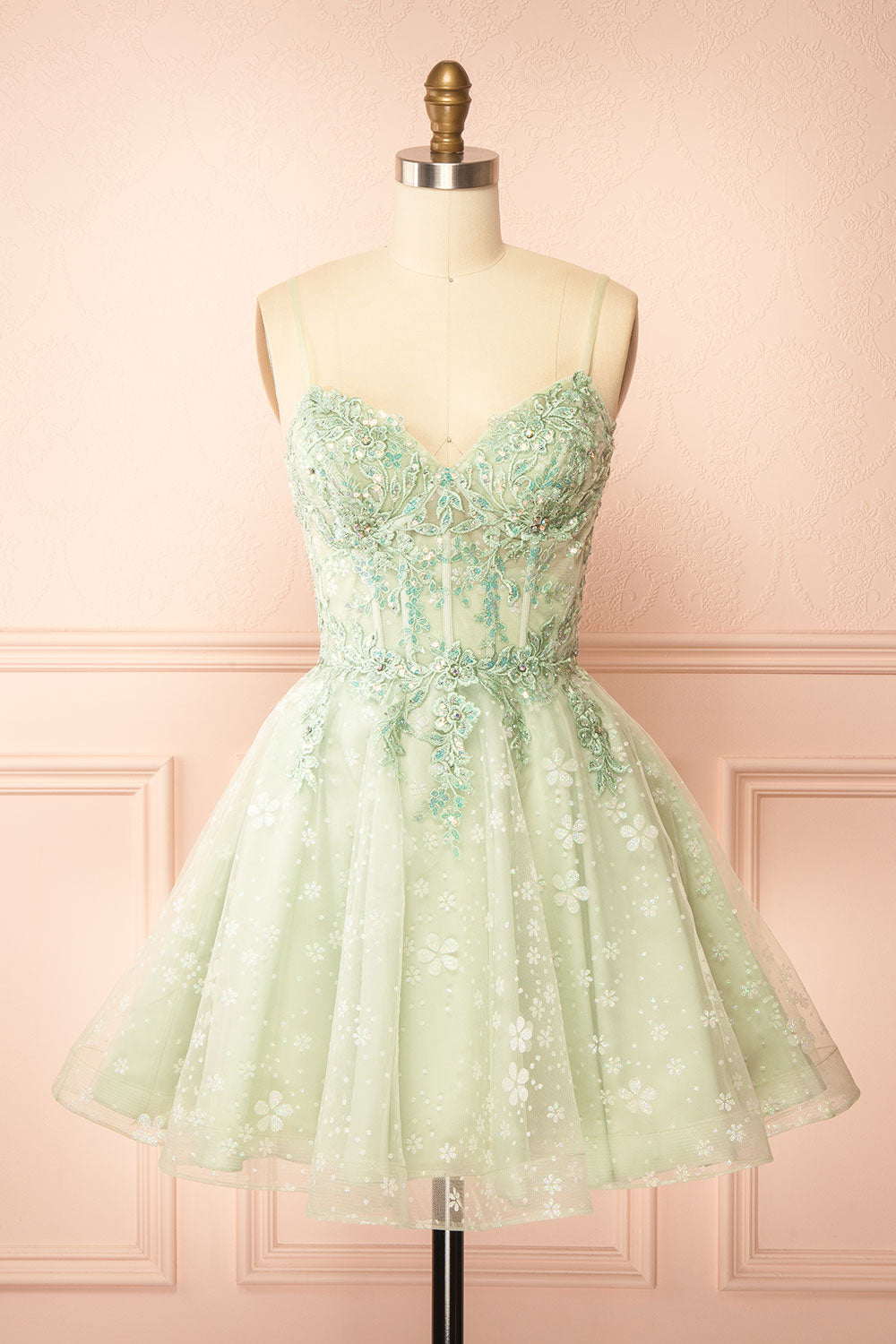 Lettie Short Floral Green Tulle Corset Dress | Boutique 1861 front view