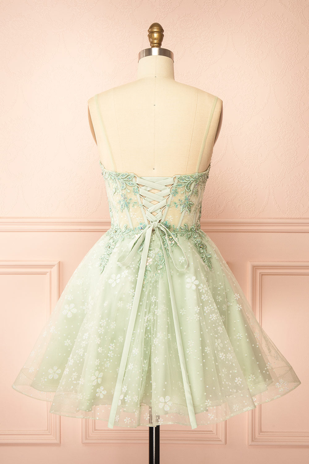 Lettie Short Floral Green Tulle Corset Dress | Boutique 1861 back view