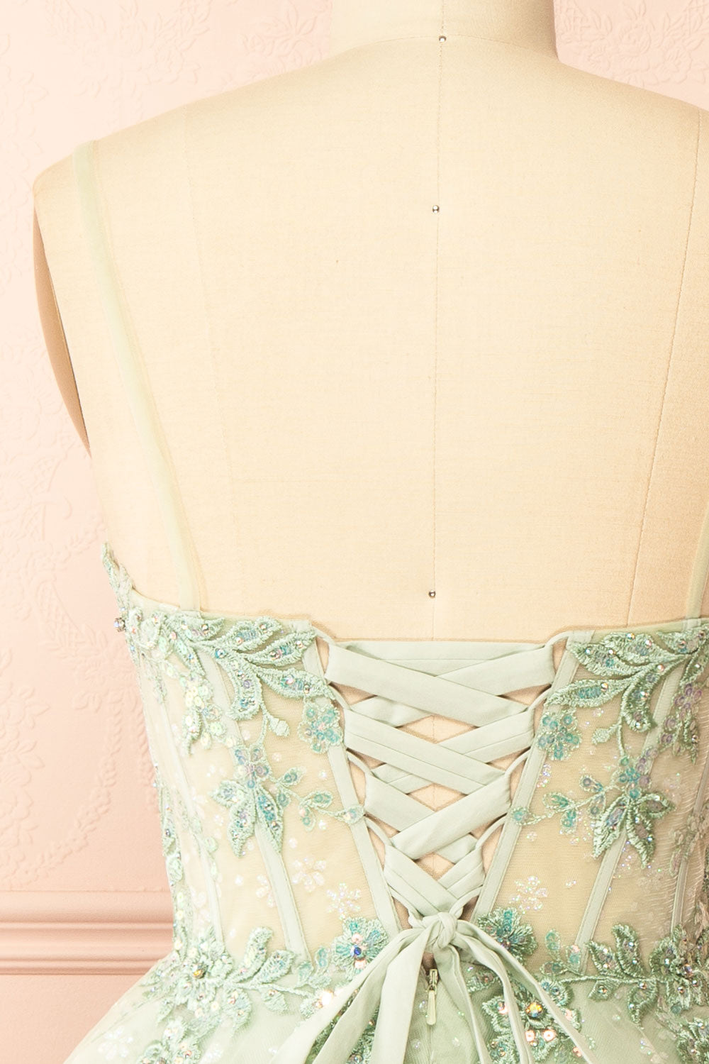 Lettie Short Floral Green Tulle Corset Dress | Boutique 1861 back 