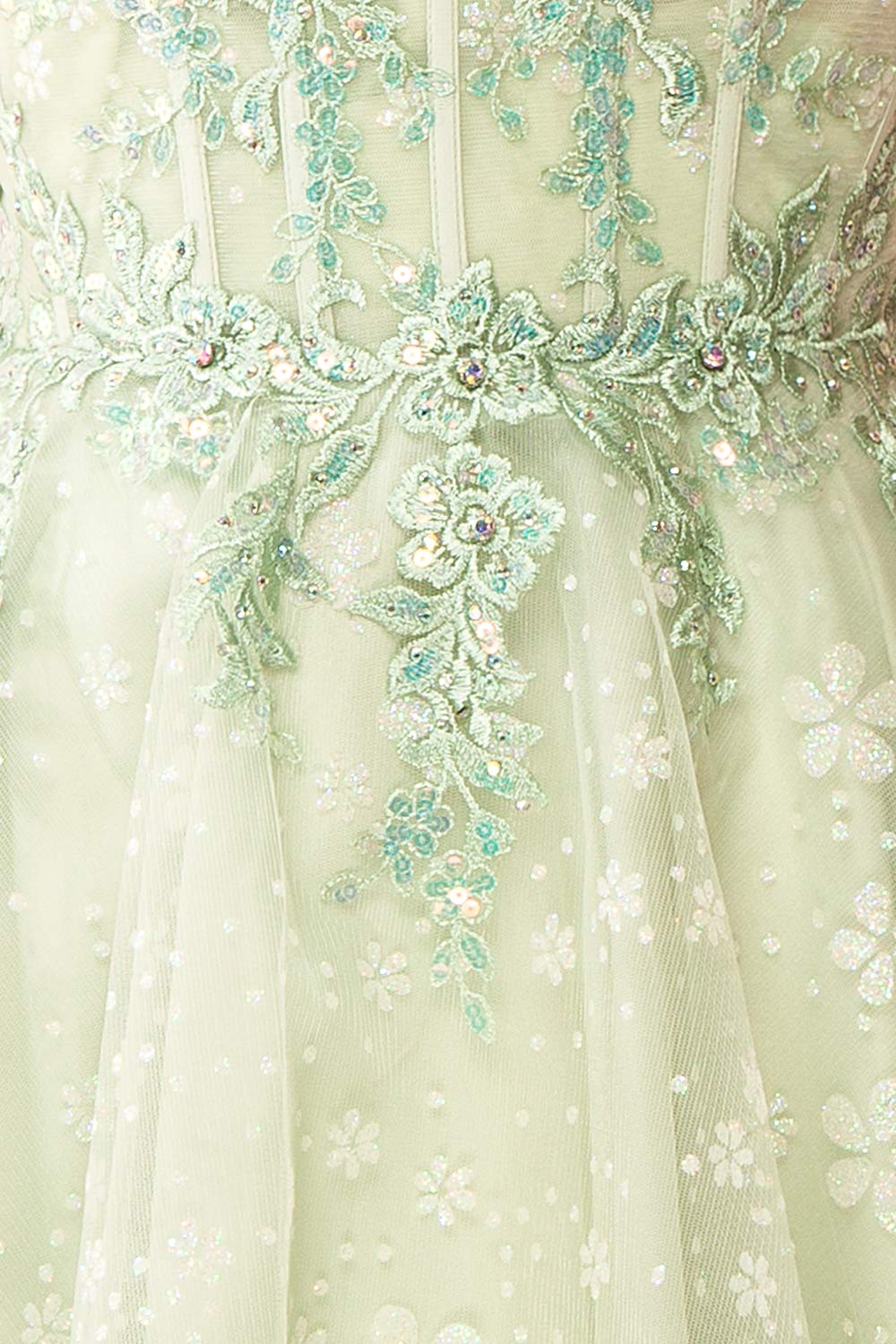Lettie Short Floral Green Tulle Corset Dress | Boutique 1861 fabric