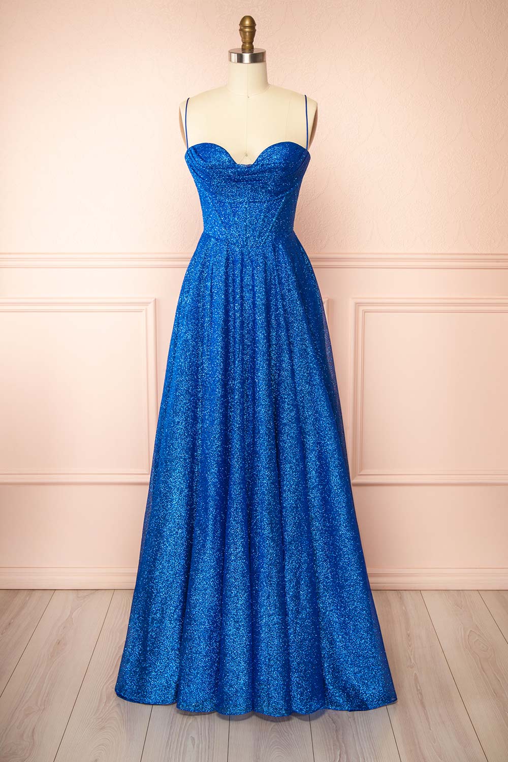 Lexy Blue Sparkly Cowl Neck Maxi Dress | Boutique 1861 front view