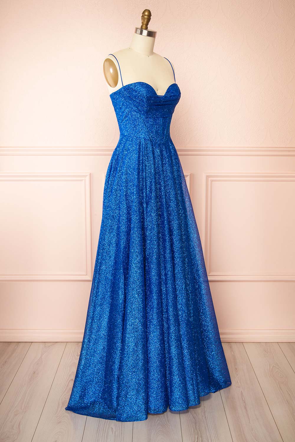 Lexy Blue Sparkly Cowl Neck Maxi Dress | Boutique 1861 side view