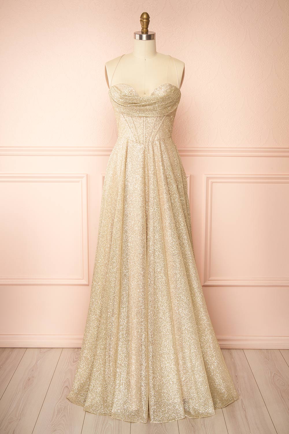 Lexy Champagne Sparkly Cowl Neck Maxi Dress | Boutique 1861 front view