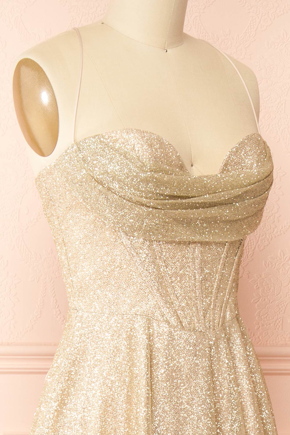 Lexy Champagne Sparkly Cowl Neck Maxi Dress | Boutique 1861  side