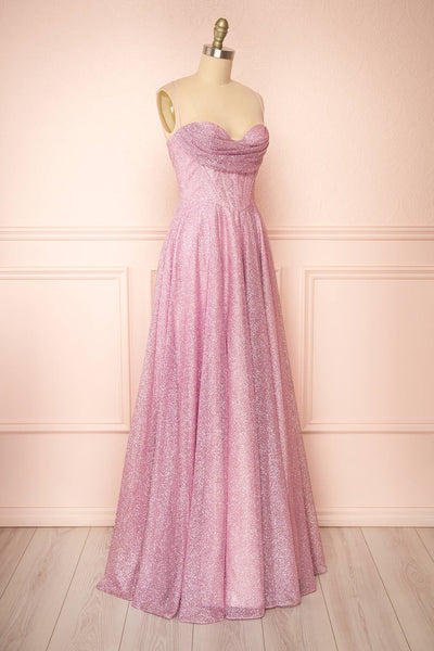 Lexy Pink Sparkly Cowl Neck Maxi Dress | Boutique 1861 side view