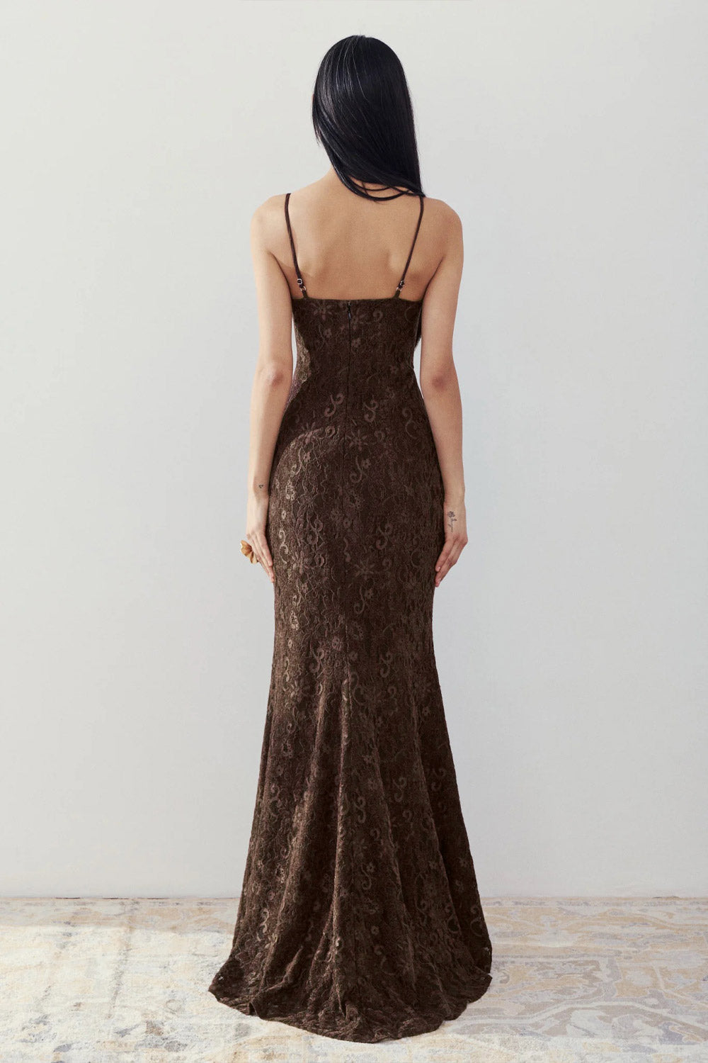 Lianna Burgundy Semi-Velvet Lace Maxi Dress with High Slit by Arti