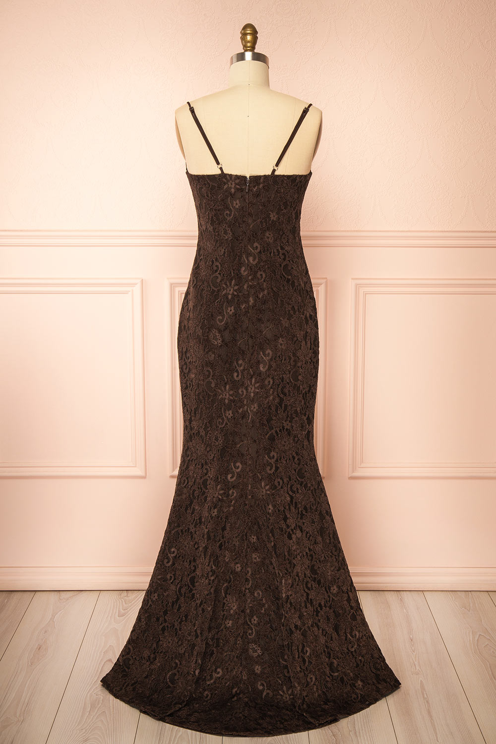 Lianna Brown Semi-Velvet Lace Maxi Dress with High Slit by Arti