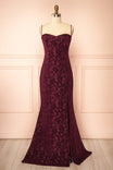 Lianna Burgundy Semi-Velvet Lace Maxi Dress with High Slit by Arti Gogna | Boutique 1861 front view