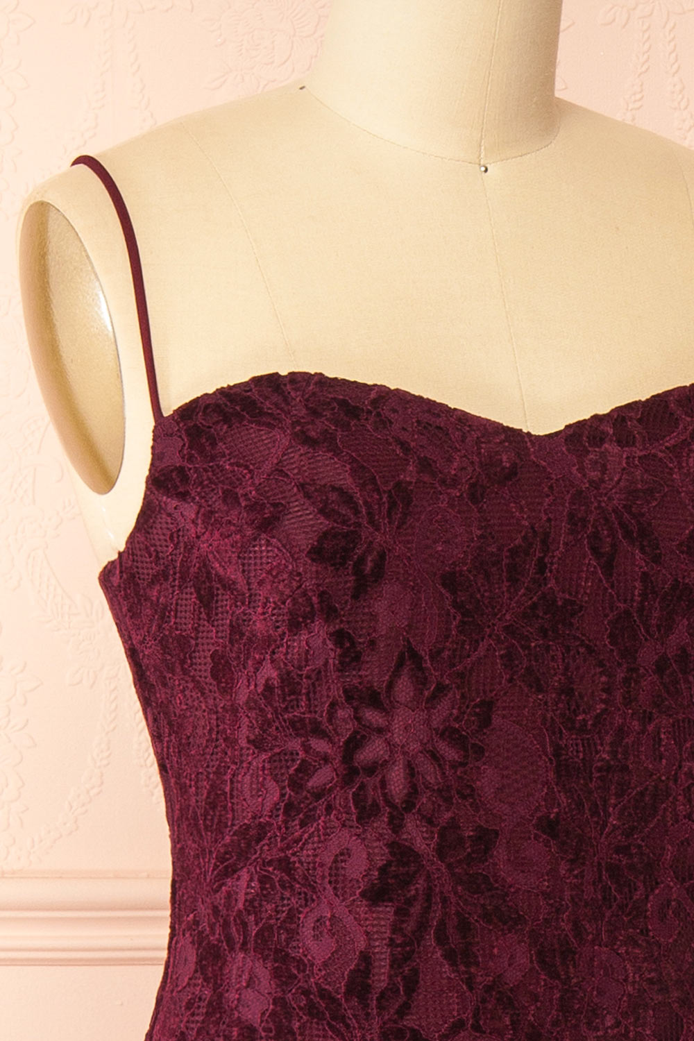 Lianna Burgundy Semi-Velvet Lace Maxi Dress with High Slit by Arti