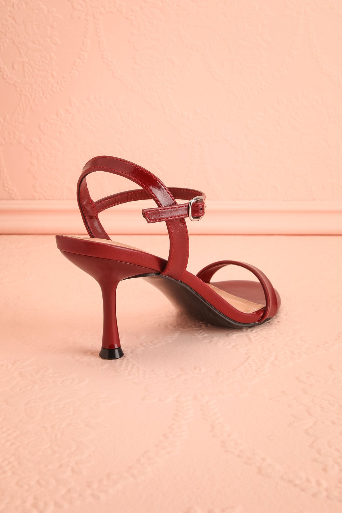 Back view of Liatris Red Ankle Strap Kitten Heel Sandals at Boutique 1861 in Montreal