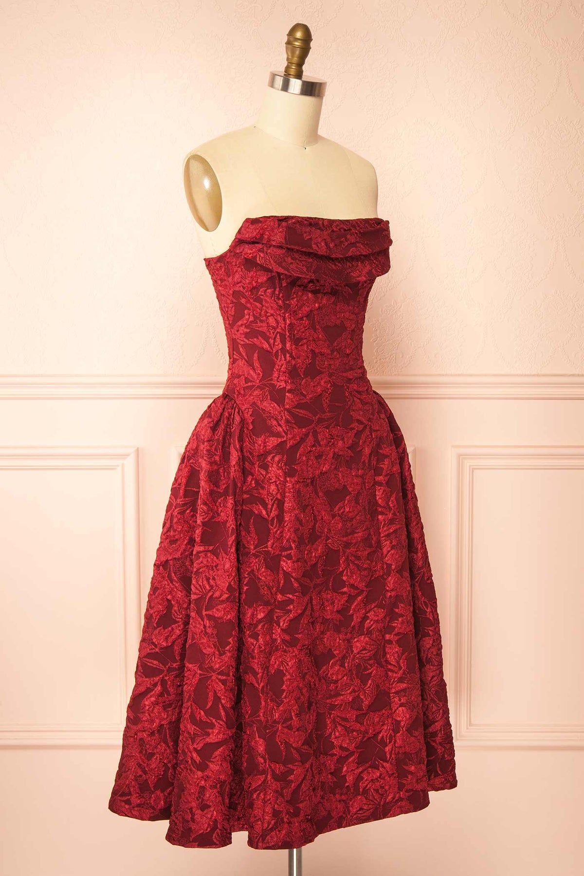 Side view of Liliah Burgundy Strapless Midi Corset Dress at Boutique 1861 