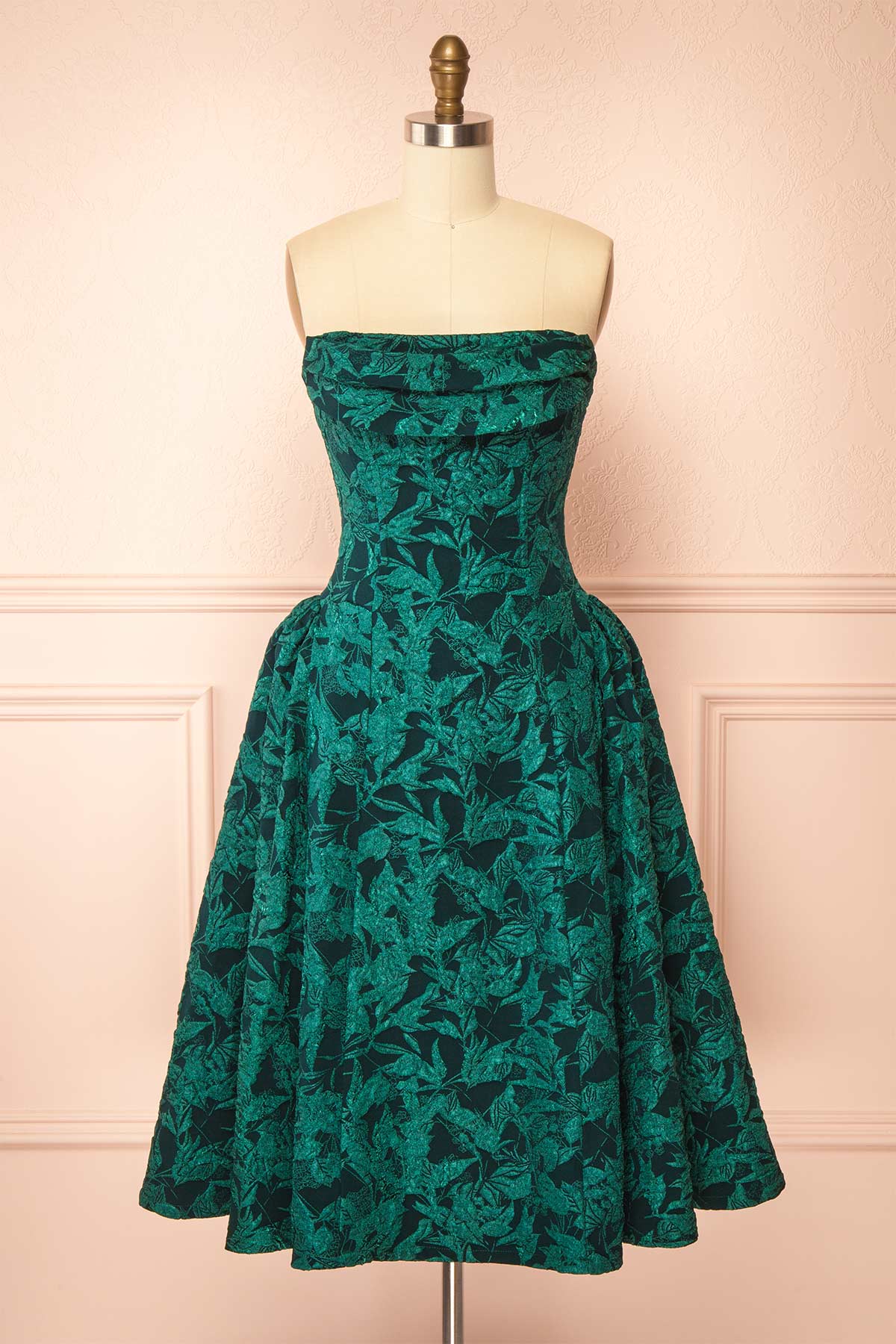 Front view of Liliah Green Strapless Midi Corset Dress at Boutique 1861 