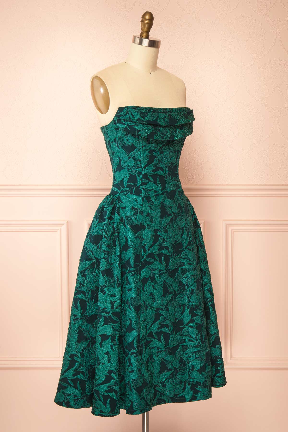 Side view of Liliah Green Strapless Midi Corset Dress at Boutique 1861 