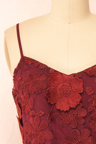 Liliane Burgundy Short Mesh Dress w/ Flowers | Boutique 1861 front close-up