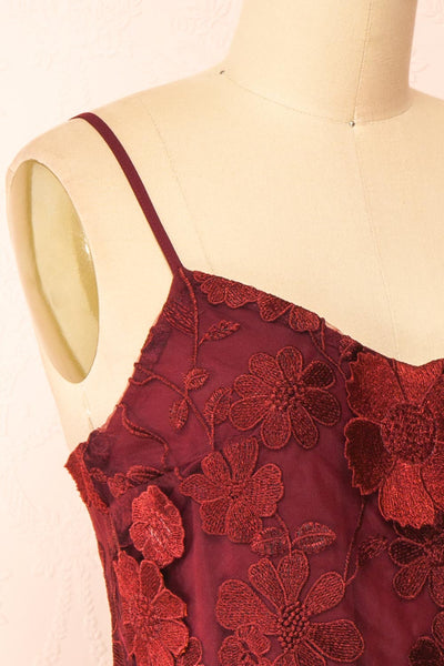 Liliane Burgundy Short Mesh Dress w/ Flowers | Boutique 1861 side close-up
