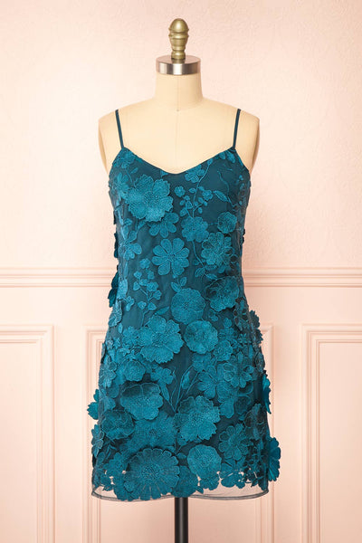 Liliane Teal Short Mesh Dress w/ Floral Appliqués | Boutique 1861 front view